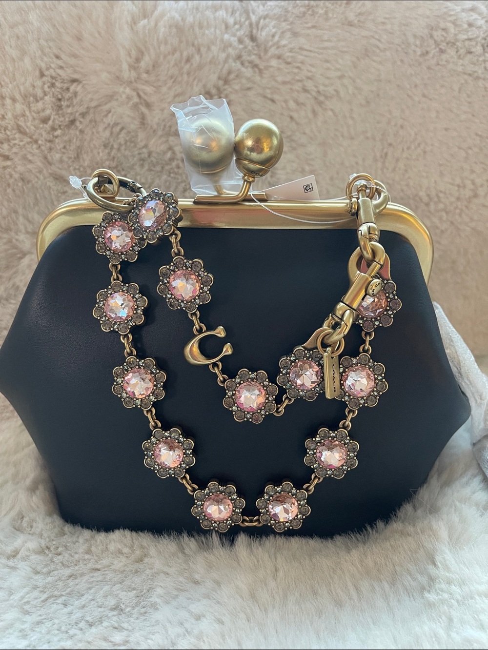Black Frame Clasp Shoulder Bag with Pink Crystal Chain